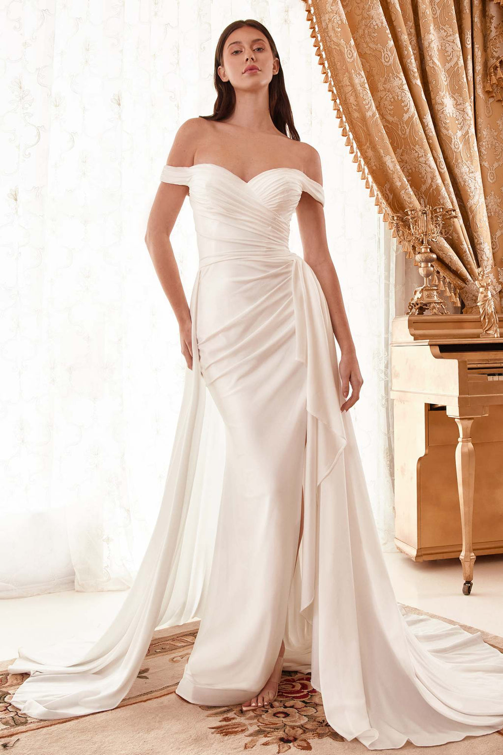 Ladivine WN315 Long Draped Off The Shoulder Bridal Gown With Overskirt