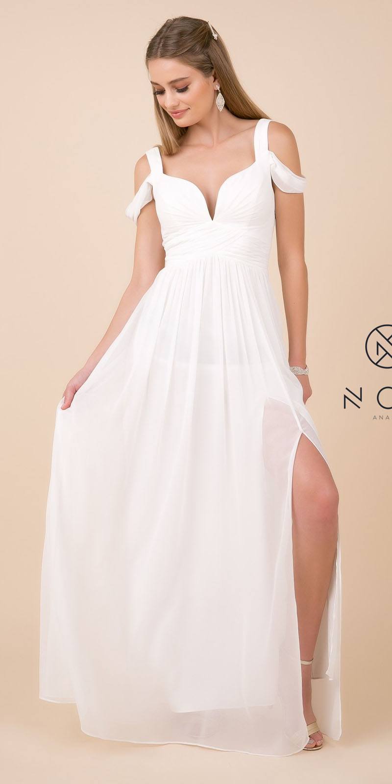 CLEARANCE - Nox Anabel Y277W Cold-Shoulder Long A-Line Chiffon Dress (Size L)