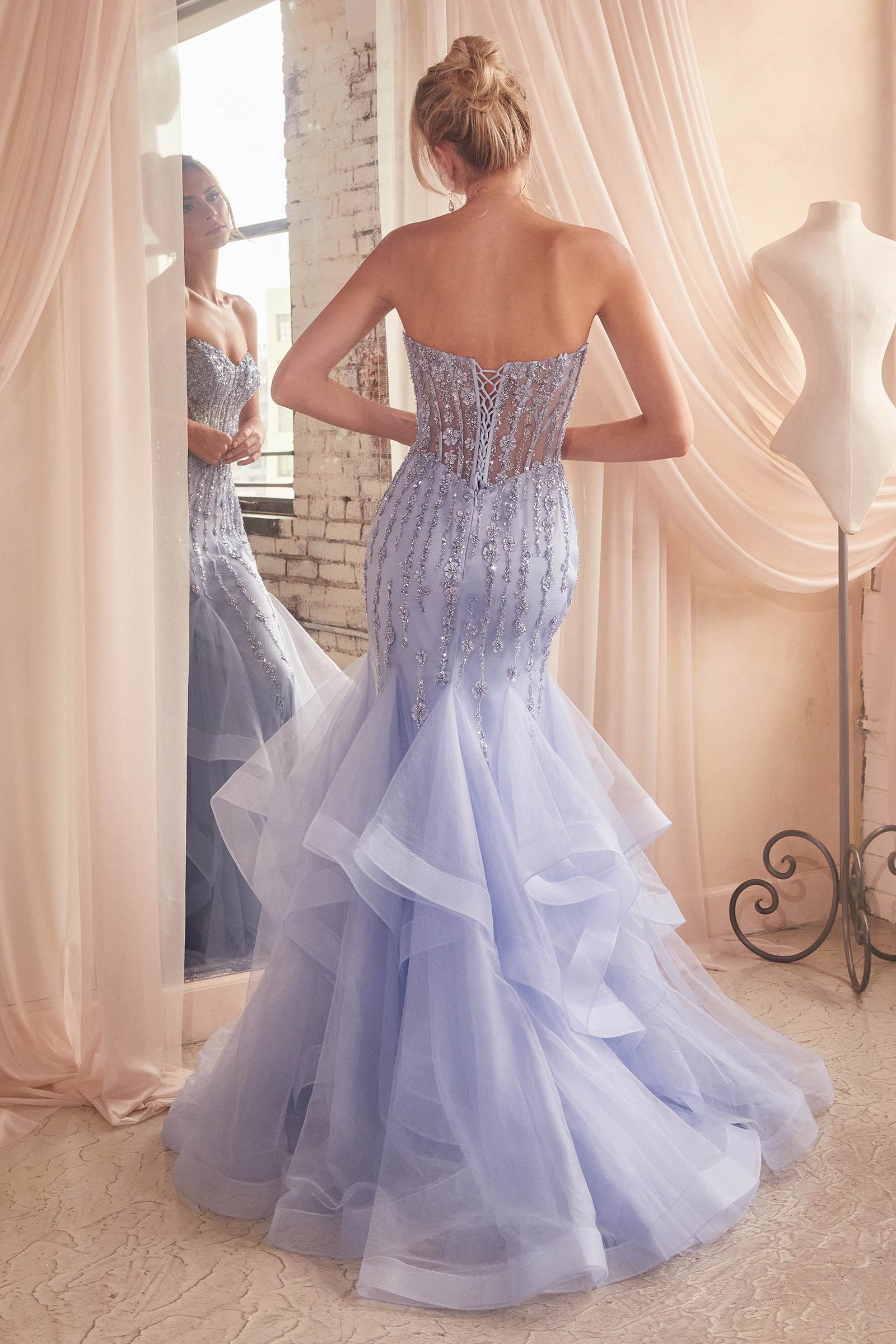 Ladivine CD332 Long Layered Tulle Tiered Mermaid Gown Sheer Boned Bodice