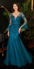 Ladivine CM327 Floor Length Mermaid Gown with Bell Sleeves