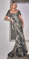 Ladivine J833 Long Glitter Printed Gown with Off Shoulder Puff Sleeves