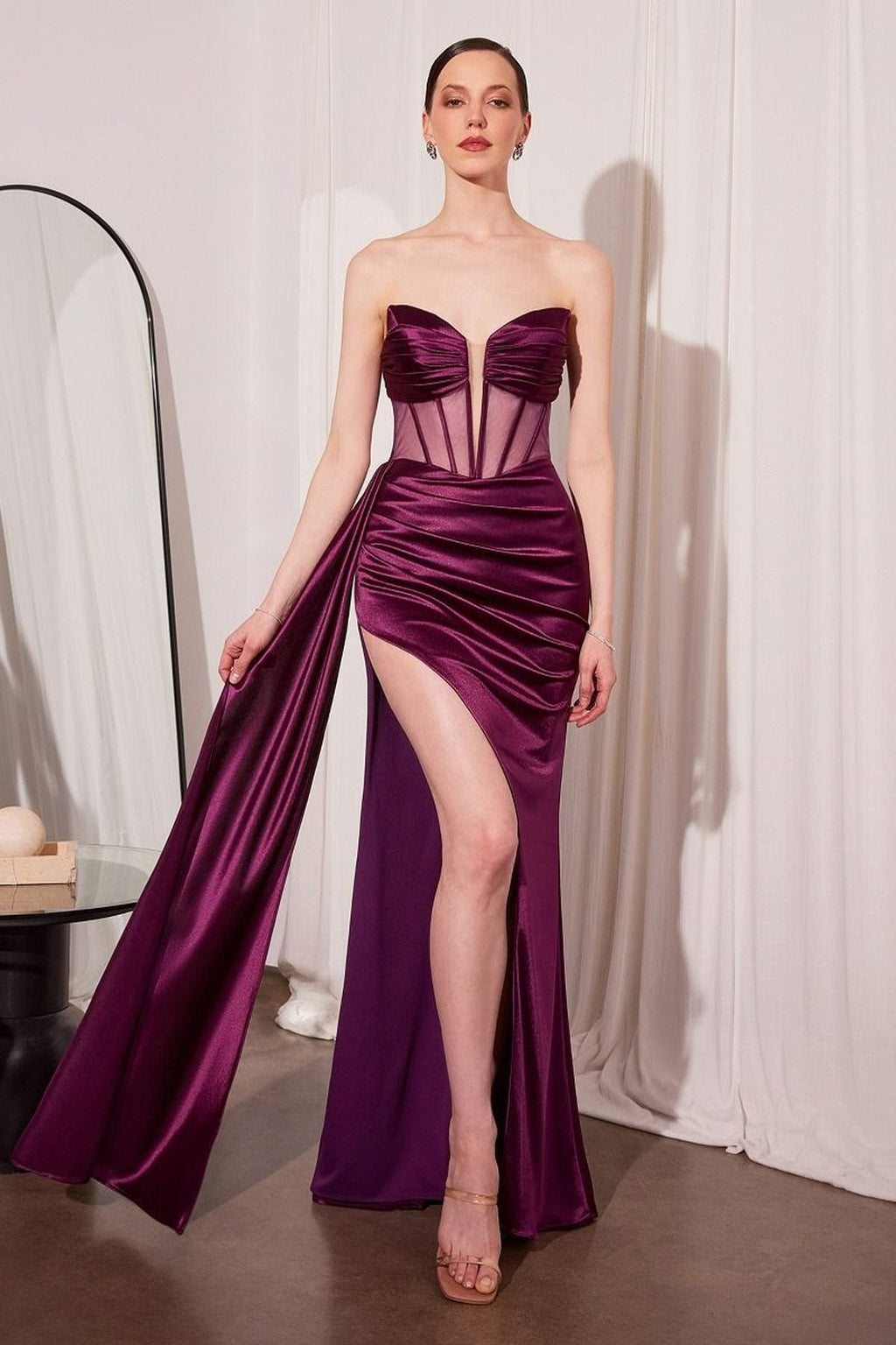 Ladivine Amoris T811 Long Fitted Satin Strapless Evening Gown